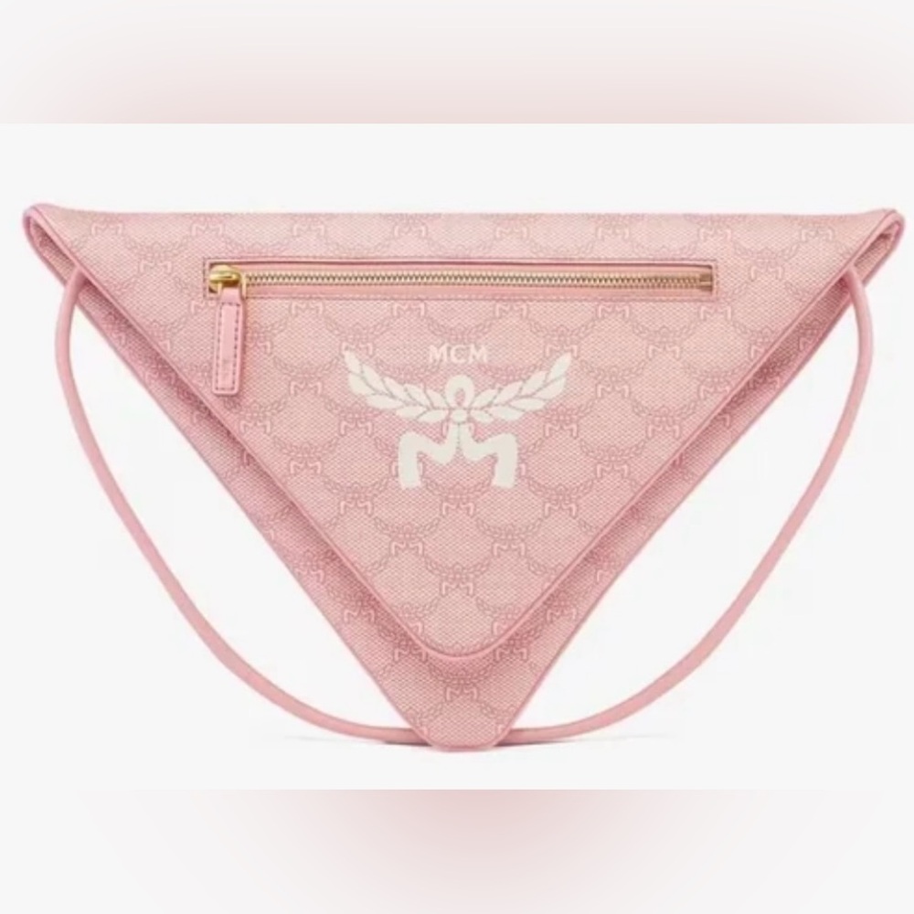 MCM BNWT Himmel Triangle Flat Pouch Crossbody Strap Silver Pink Full Inclusion - Picture 1 of 10